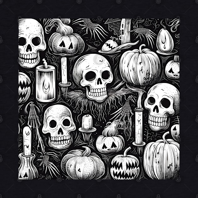 Halloween skulls and pumpkin by beangeerie